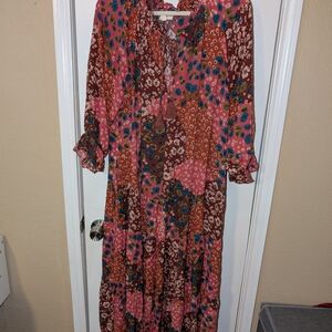 Easel Long Sleeve Floral Patchwork Dress - Pink and Brown
